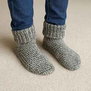 Hand Made Knitted Stocking Slippers Grey White